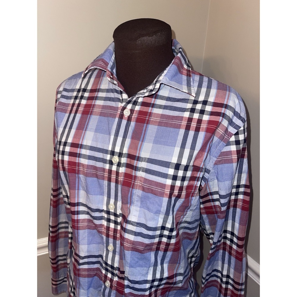 Banana Republic Plaid Untucked‎ Fit Organic Cotton Mens Shirt Medium Red Navy